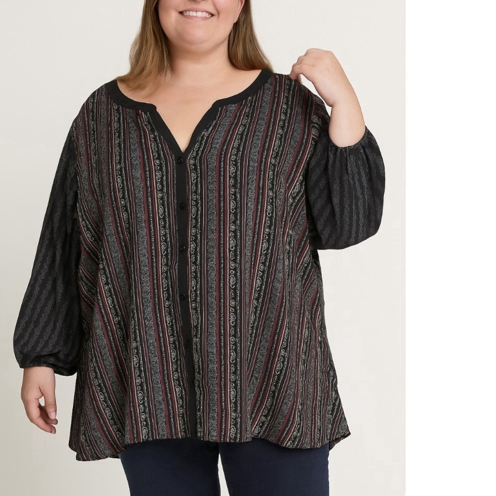 Catherines Pink‎ Black Geometric Button Up 3/4 Sleeve Y Neck Blouse Size 5X